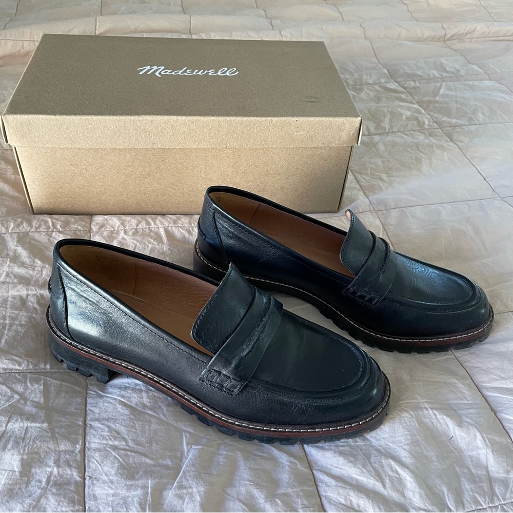 Madewell Black Leather Lug Sole Penny Loafers